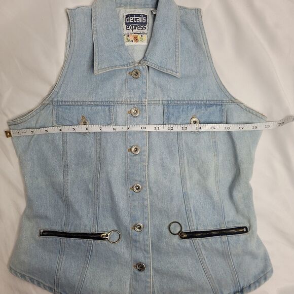 VINTAGE 90s denim vest cotton button up fitted blue M - Picture 6 of 7